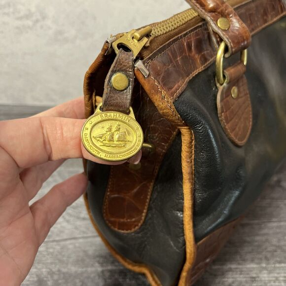 BRAHMIN HANDBAG BLACK  PURSE WITH  BROWN  CROCODILE ALLIGATOR AND GOLD  ACCENTS - Picture 5 of 13